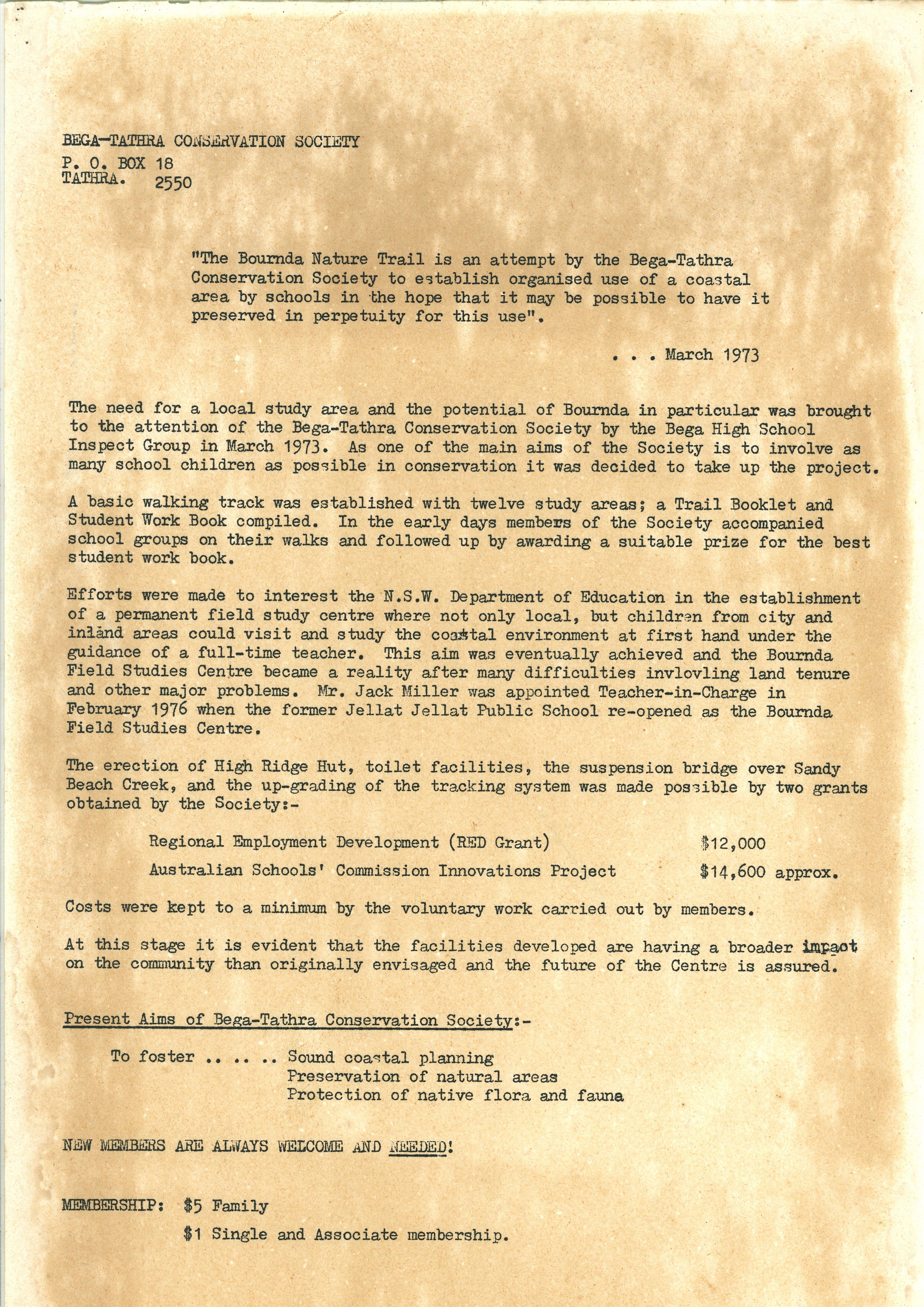 Historical document describing aims for Bournda Wallking Track